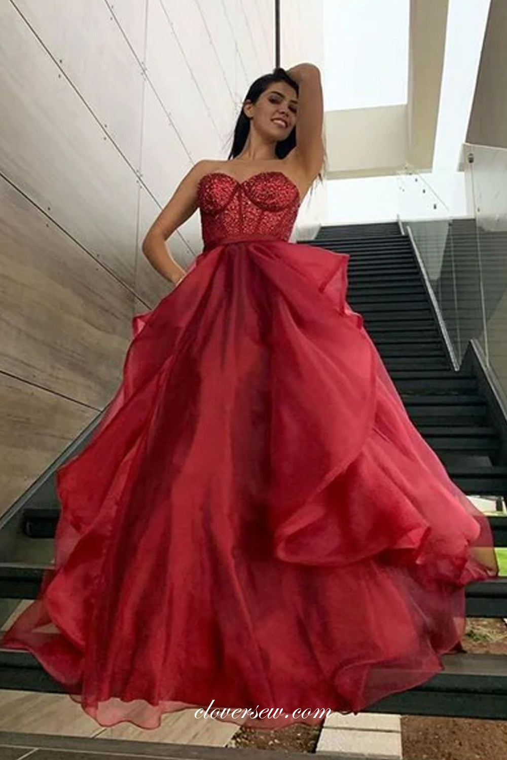 Red Beading Organza Ruffles Ball Gown Strapless Prom Gowns, CP0994