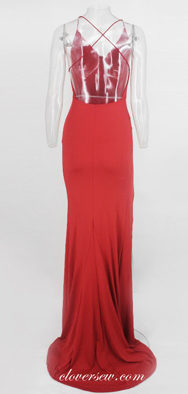 Red Jersey Spaghetti Strap Backless Sexy Party Dresses, CP0564