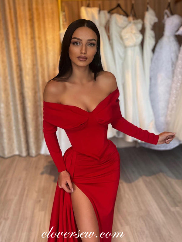 Red Off The Shoulder Long Sleeves Sheath With High Slit Formal Dresses, CP0950