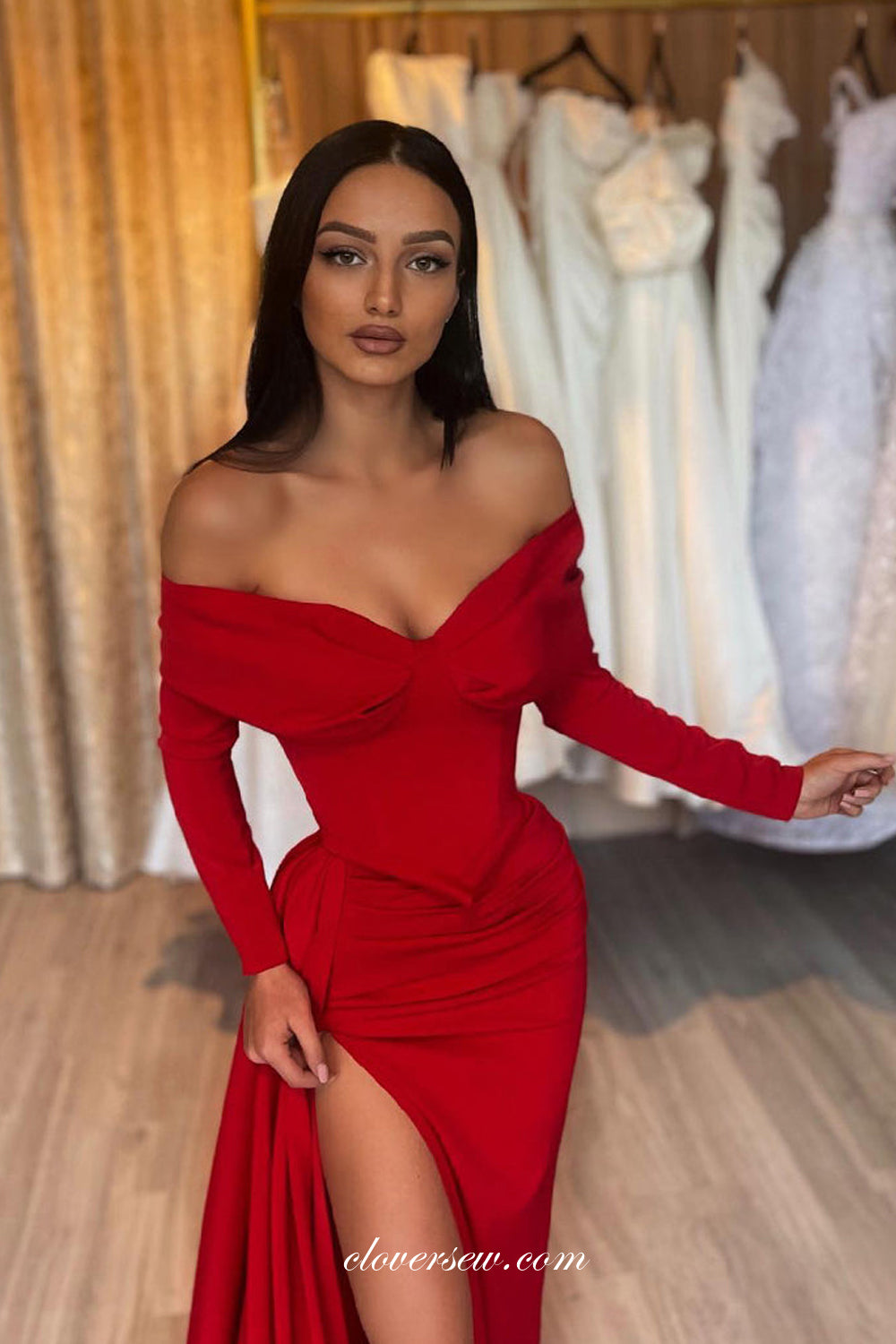 Red Off The Shoulder Long Sleeves Sheath With High Slit Formal Dresses, CP0950
