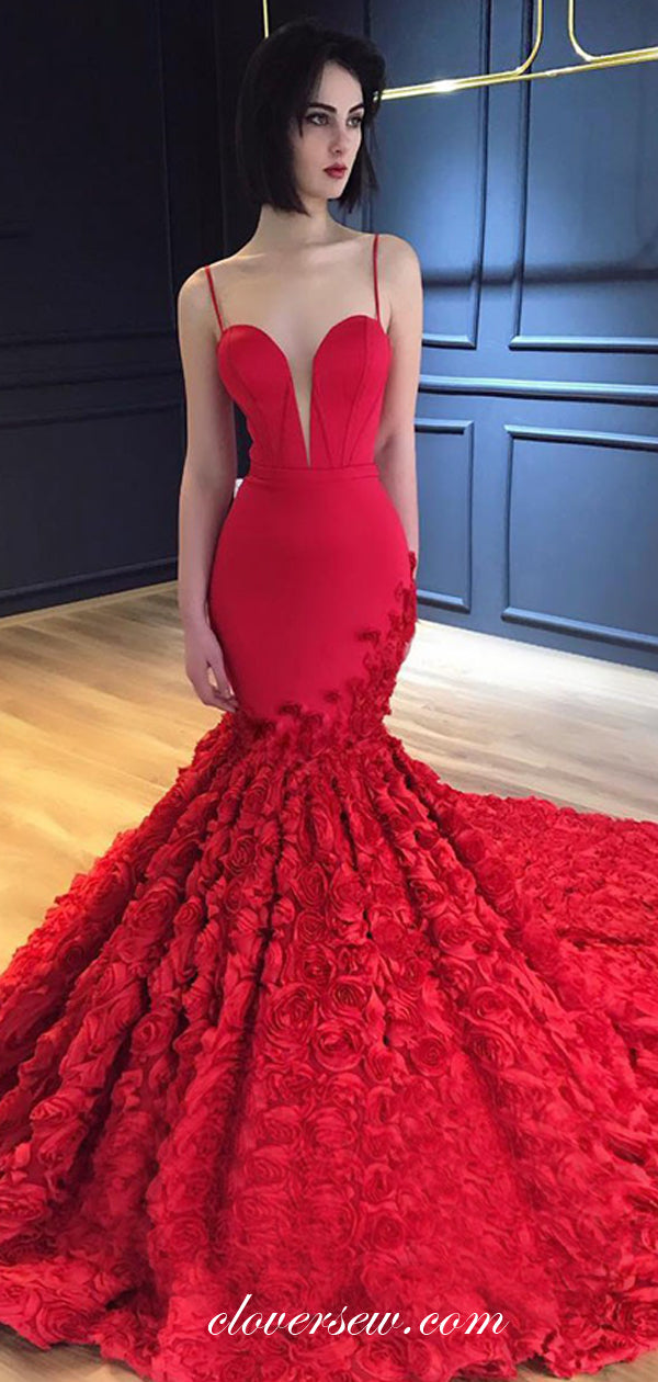 Red Rosy Satin Backless Mermaid Gorgeous Formal Dresses, CP0560