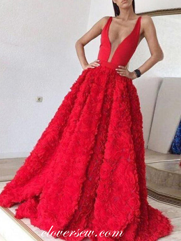 Red Rosy Satin Sleeveless V-neck Fashion Rrom Dresses, CP0568