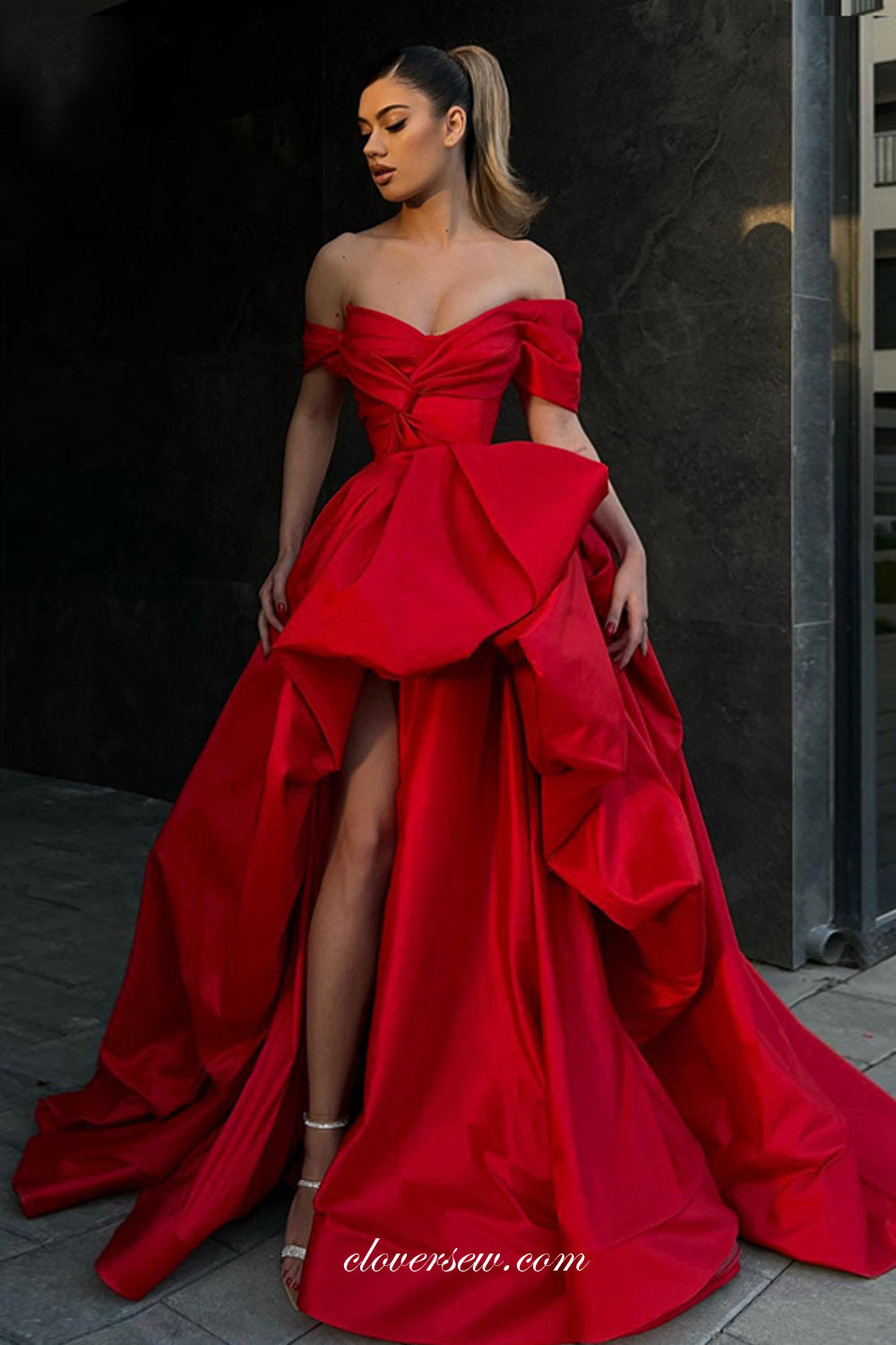 Red Satin Off The Shoulder Bubble A-line Prom Dresses CP0943, CP0943