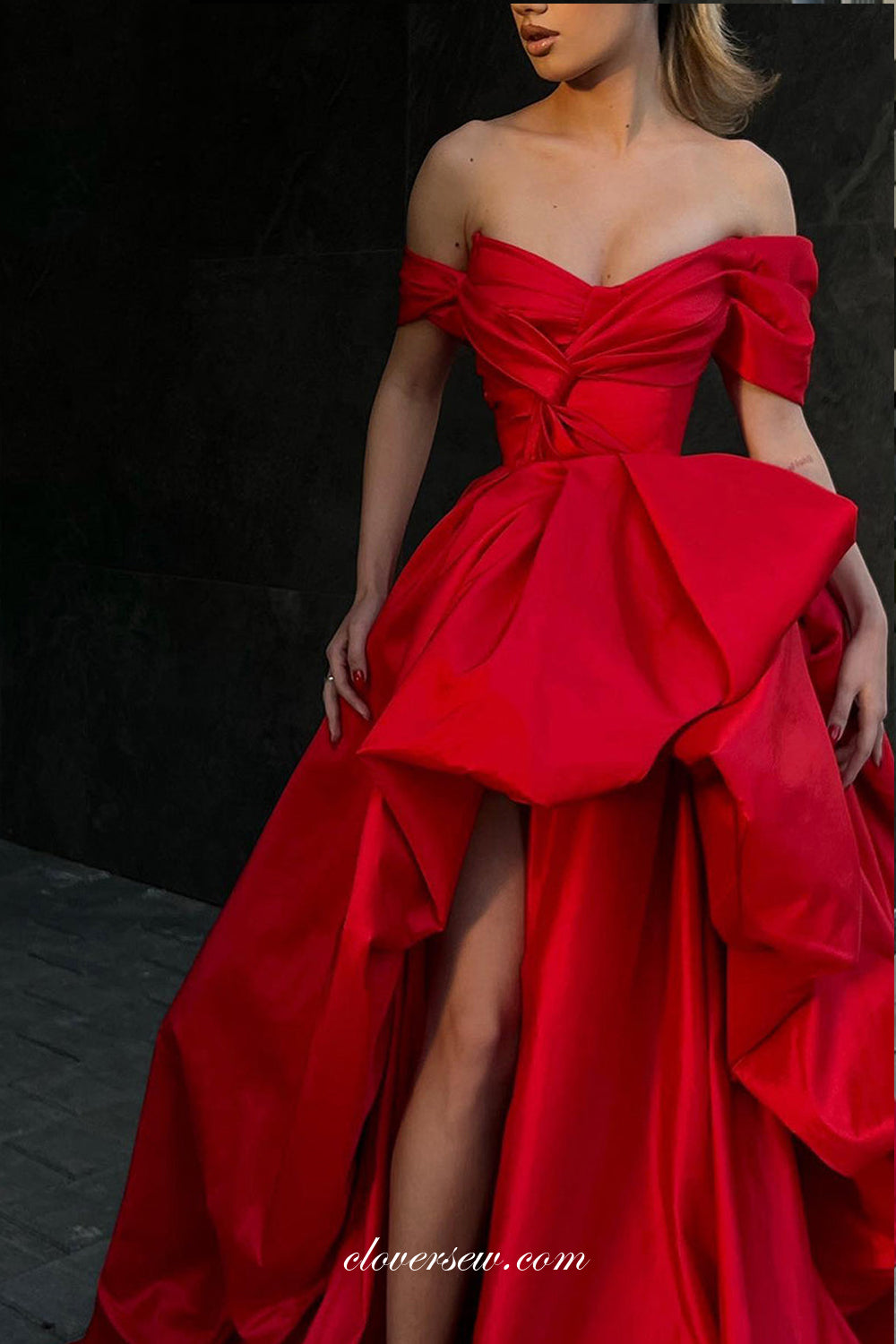 Red Satin Off The Shoulder Bubble A-line Prom Dresses CP0943, CP0943