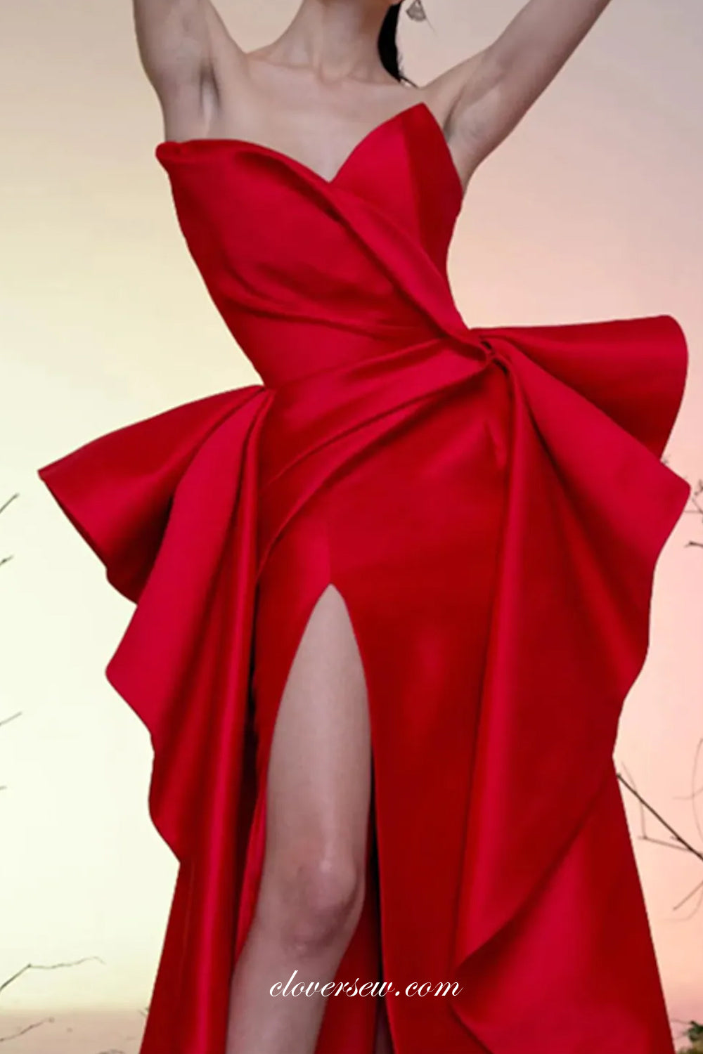 Red Satin Pleating Ruffles Strapless Column Formal Dresses, CP0771
