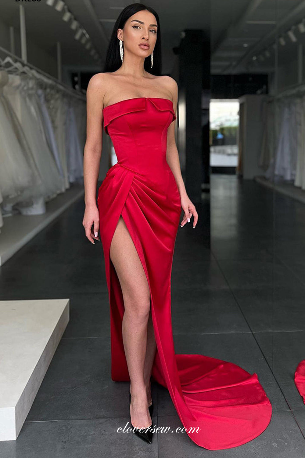 Red Satin Pleating Sheath With High Slit Fashion Prom Dresses, CP0939