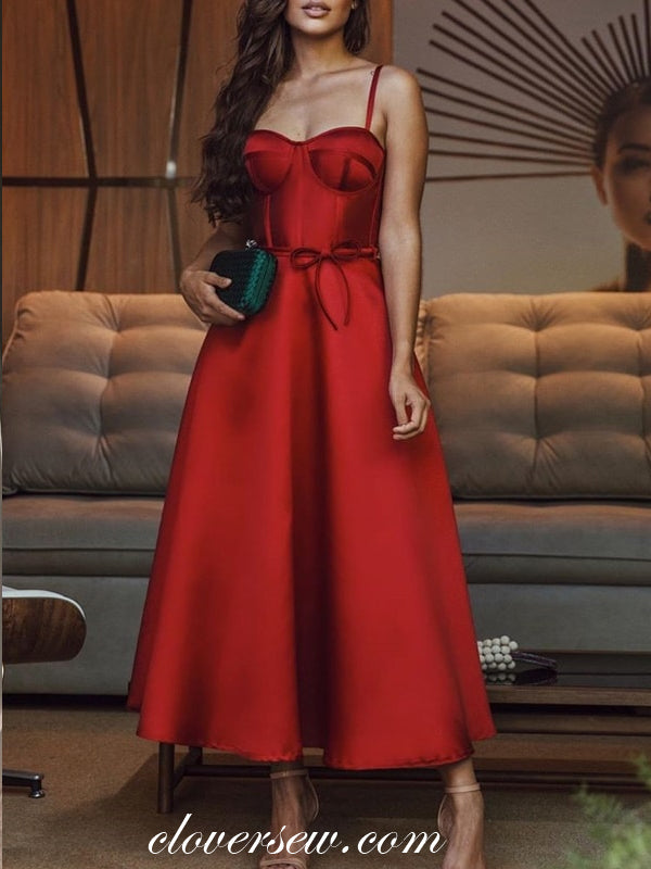 Red Satin Sweetheart A-line Ankle Length Popular Prom Dresses, CP0696