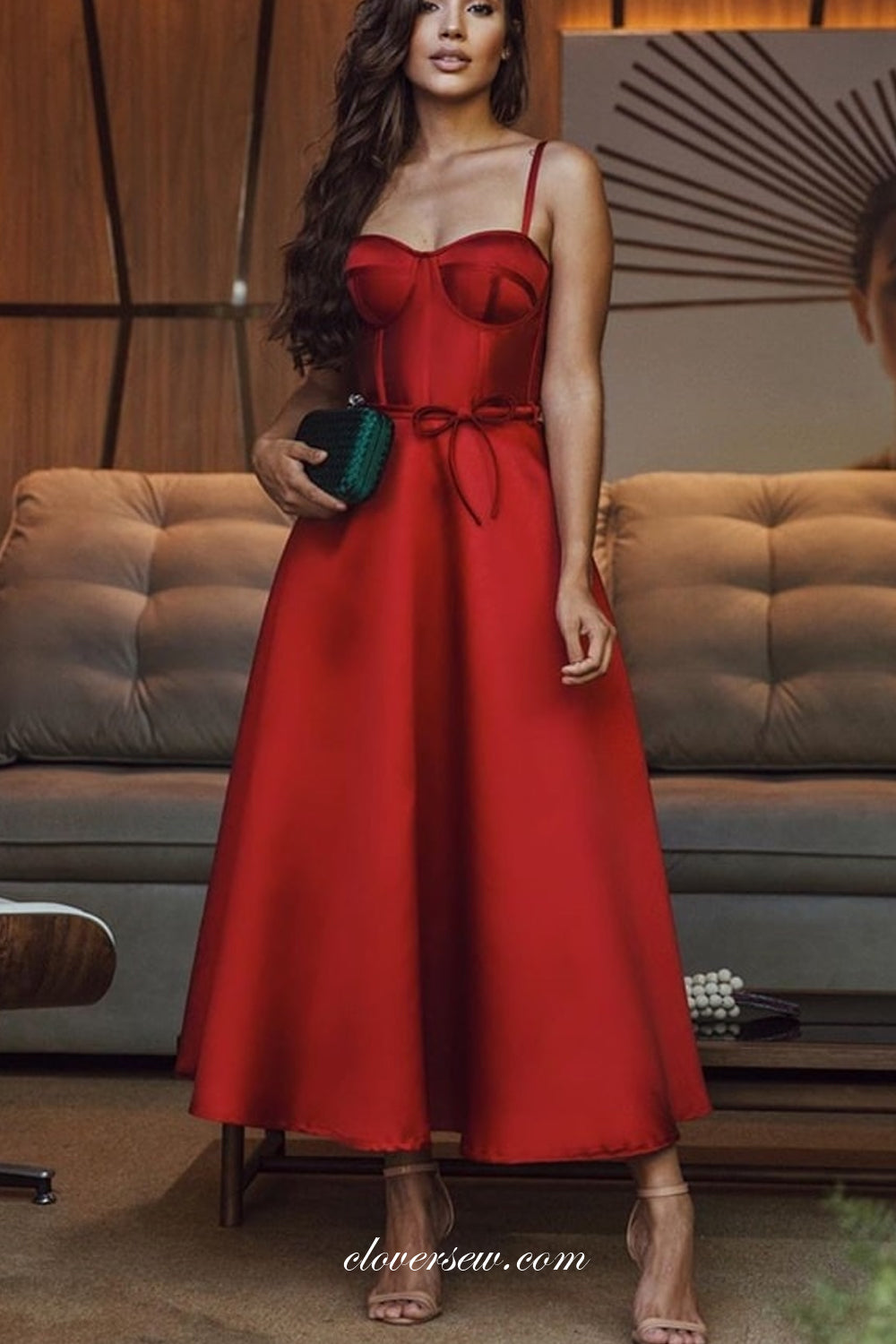 Red Satin Sweetheart A-line Ankle Length Popular Prom Dresses, CP0696