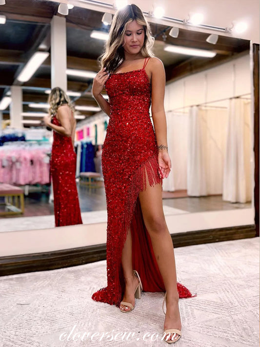 Red Sequined Tulle With Beading Tassel Backless Prom Dresses, CP1002