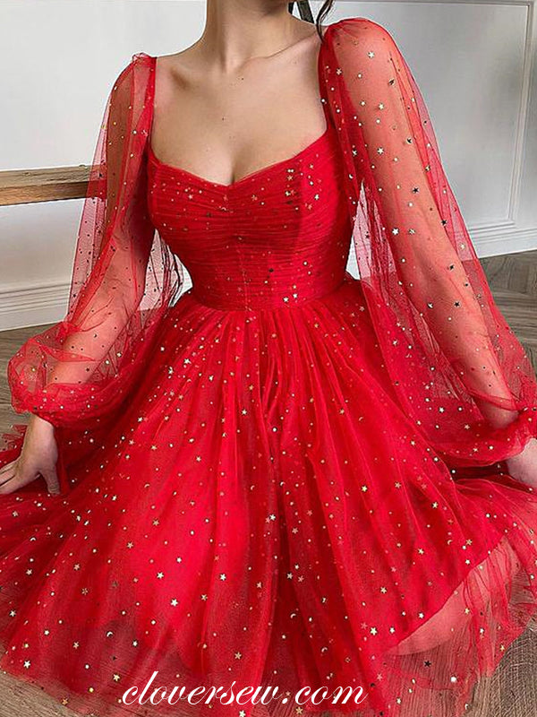 Red Star Tulle Long Sleeves Short Graduation Prom Dresses, CP0995