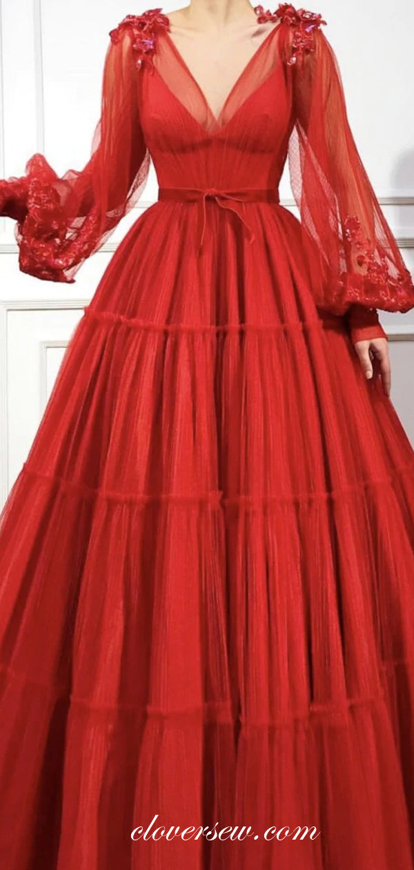 Red Tulle 3D Applique Lantern Sleeves A-line Prom Dresses, CP0499