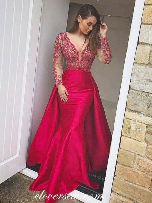 Red Bead Lace Long Sleeves Detachable Train Mermaid Prom Dresses , CP0060