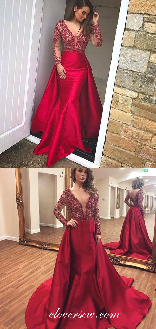 Red Bead Lace Long Sleeves Detachable Train Mermaid Prom Dresses , CP0060