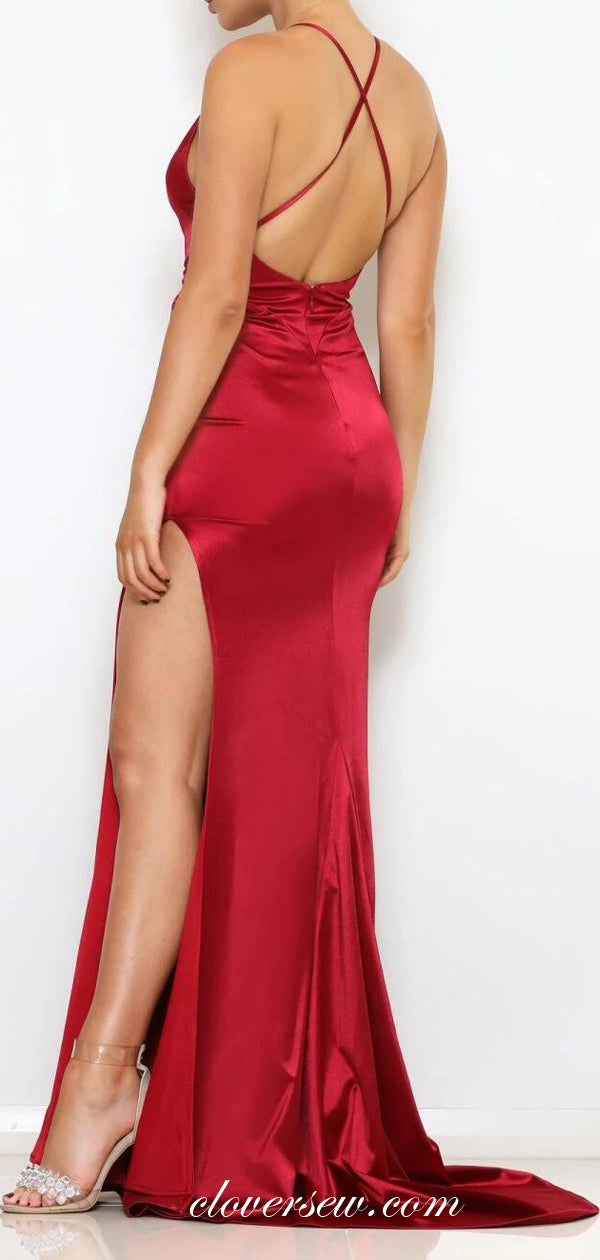 Red Elastic Satin Spaghetti Strap Sheath Side Slit Party Dresses, CP0083