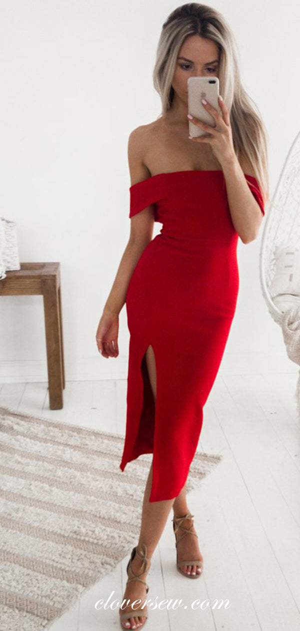 Red Jersey Off The Shoulder Sheath Tea Length Bridesmaid Dresses, CB0051