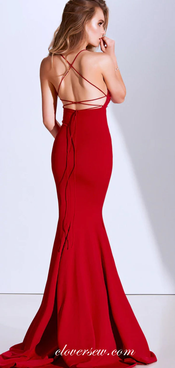 Red Lace Applique Spaghetti Strap Backless Mermaid Prom Dresses,CP0218