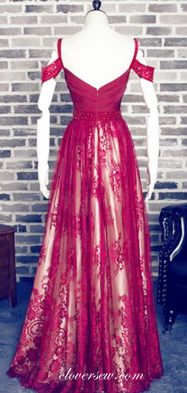 Red Lace Off The Shoulder A-line Prom Dresses, CP0051