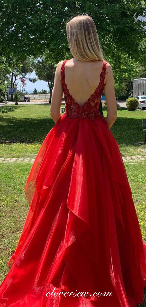 Red Lace Organza Ruffles Ball Gown Prom Dresses, CP0042