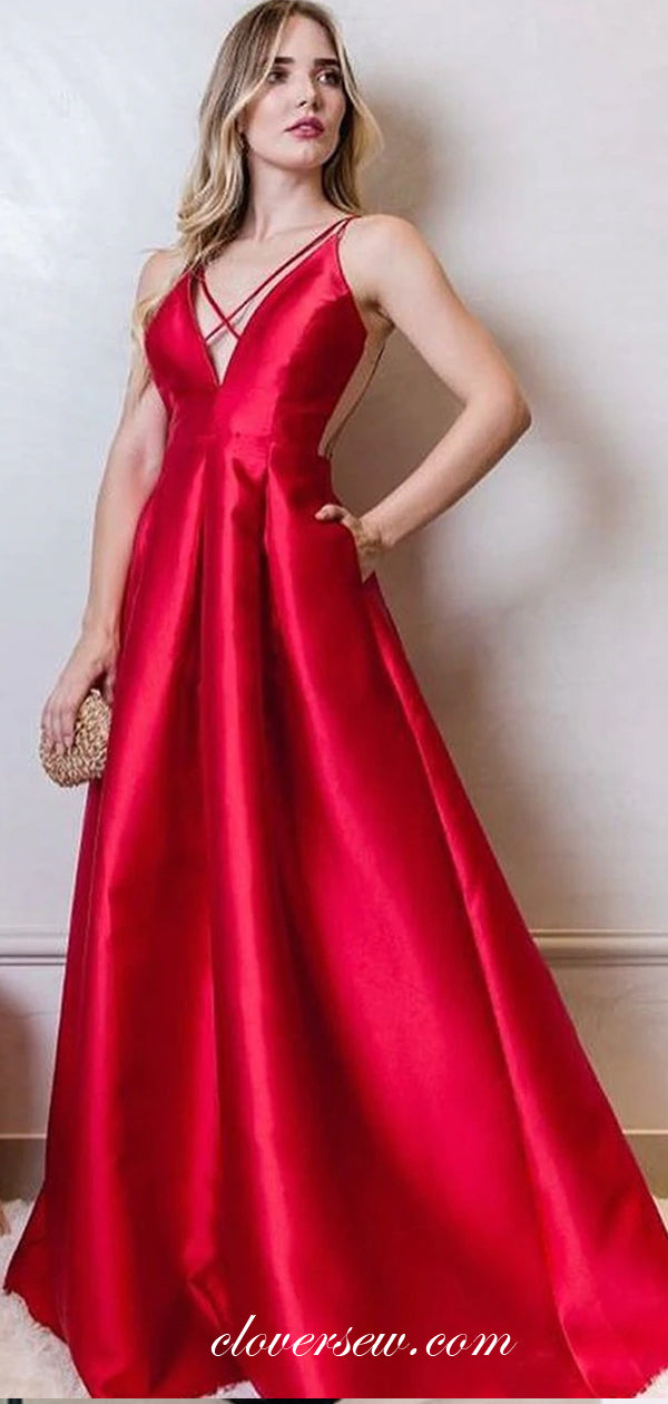 Red Satin Criss Cross Spaghetti Strap With Pockets Prom Dresses ,CP0403