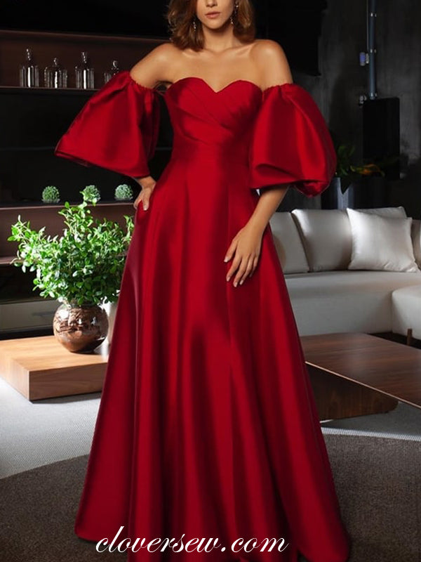 Red Satin Off The Shoulder Lantern Sleeves A-line Prom Dresses,CP0330