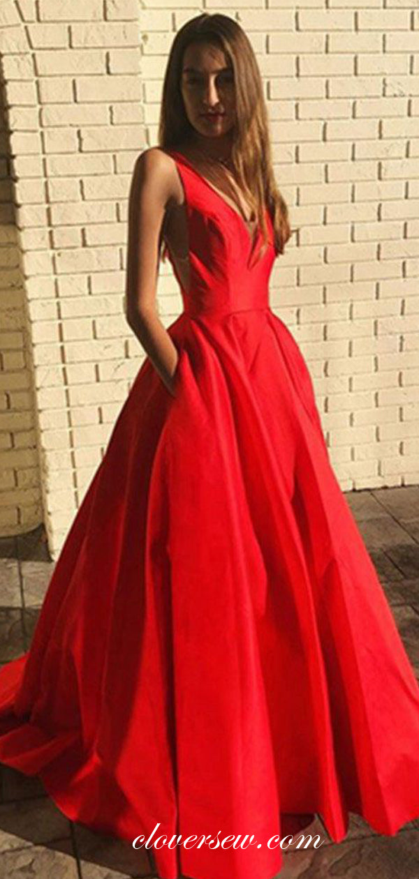 Red Satin V-neck Sleeveless With Pockets A-line Prom Dresses,CP0443