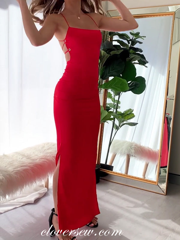Red Spaghetti Strap Lace Up Back Column Party Dresses,CP0409