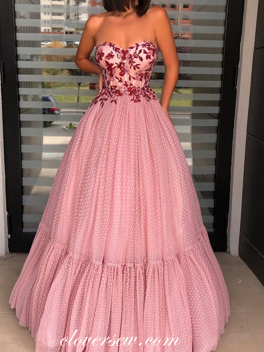 Rose Applique Sweetheart Strapless Ball Gown Fashion Prom Dresses, CP0531