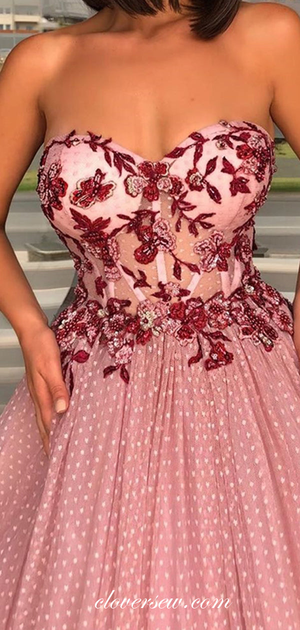 Rose Applique Sweetheart Strapless Ball Gown Fashion Prom Dresses, CP0531