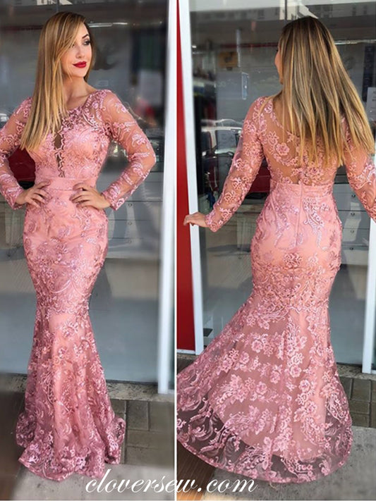 Rose Pink Lace Long Sleeve Mermaid Formal Dresses, CP0612