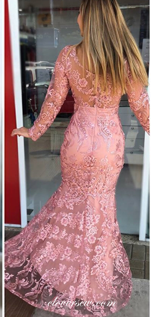 Rose Pink Lace Long Sleeve Mermaid Formal Dresses, CP0612