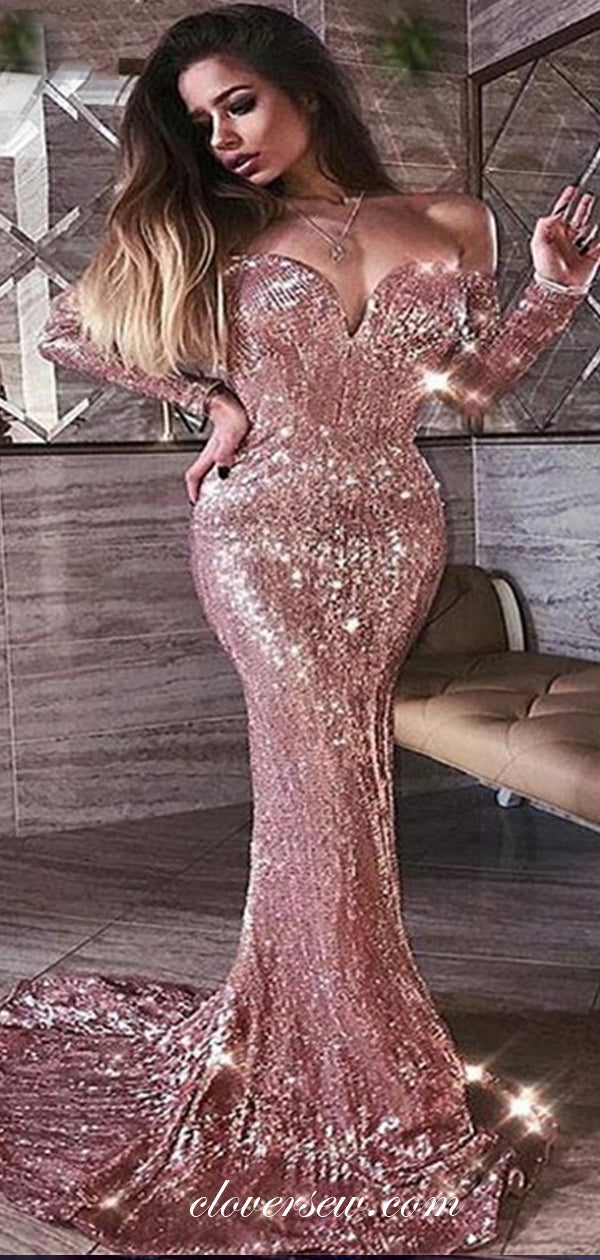 Rose Gold Sequin Off The Shoulder Long Sleeves Mermaid Prom Dresses,CP0155