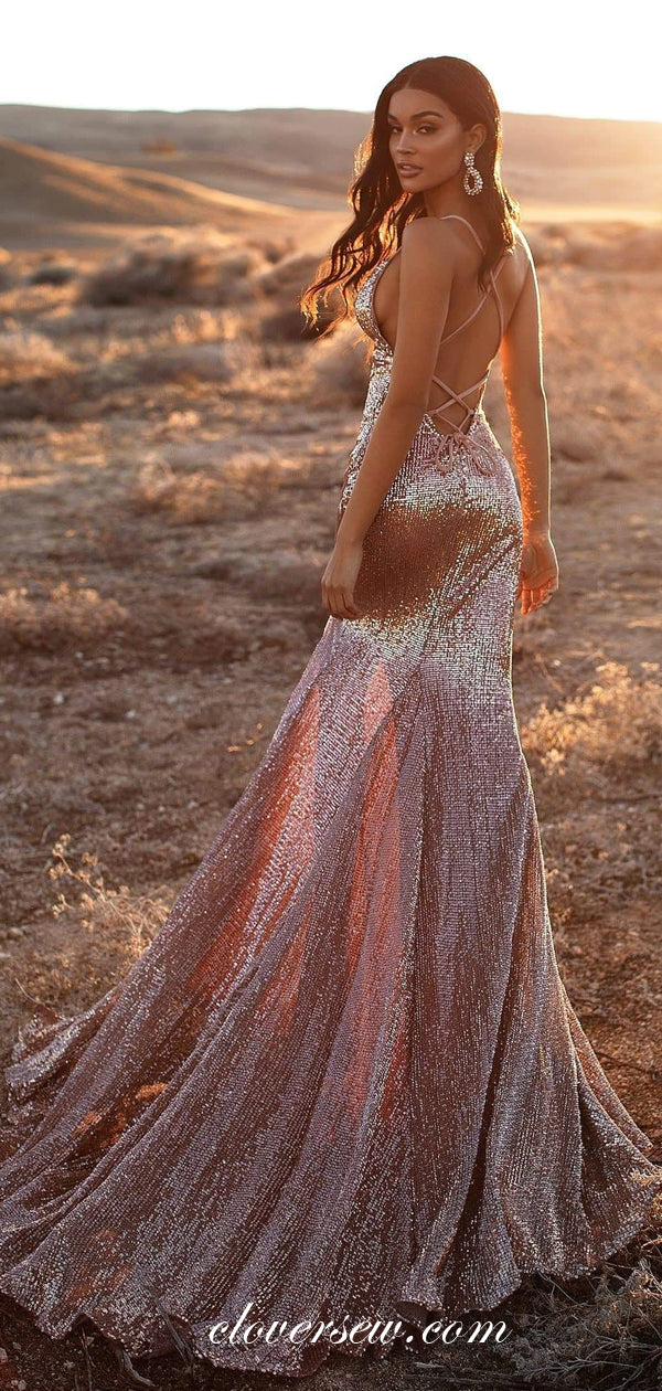 Rose Gold Sequin Spaghetti Strap Side Slit Backless Sheath Prom Dresses,CP0467