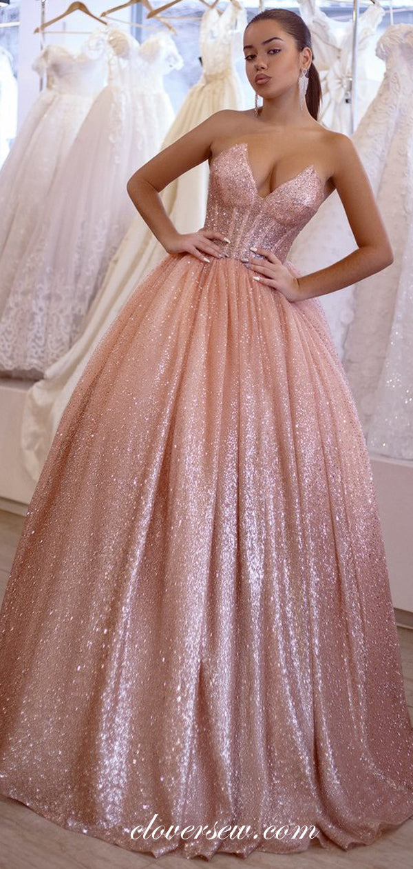 Rose Pink Sequin Strapless Ball Gown Sparkly Prom Dresses ,CP0198