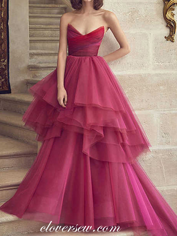 Rose Red Pleat Tulle Strapless Tiered A-line Prom Dresses,CP0431