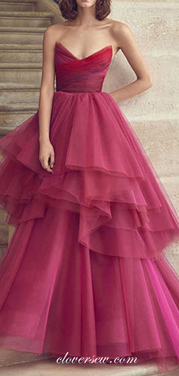 Rose Red Pleat Tulle Strapless Tiered A-line Prom Dresses,CP0431