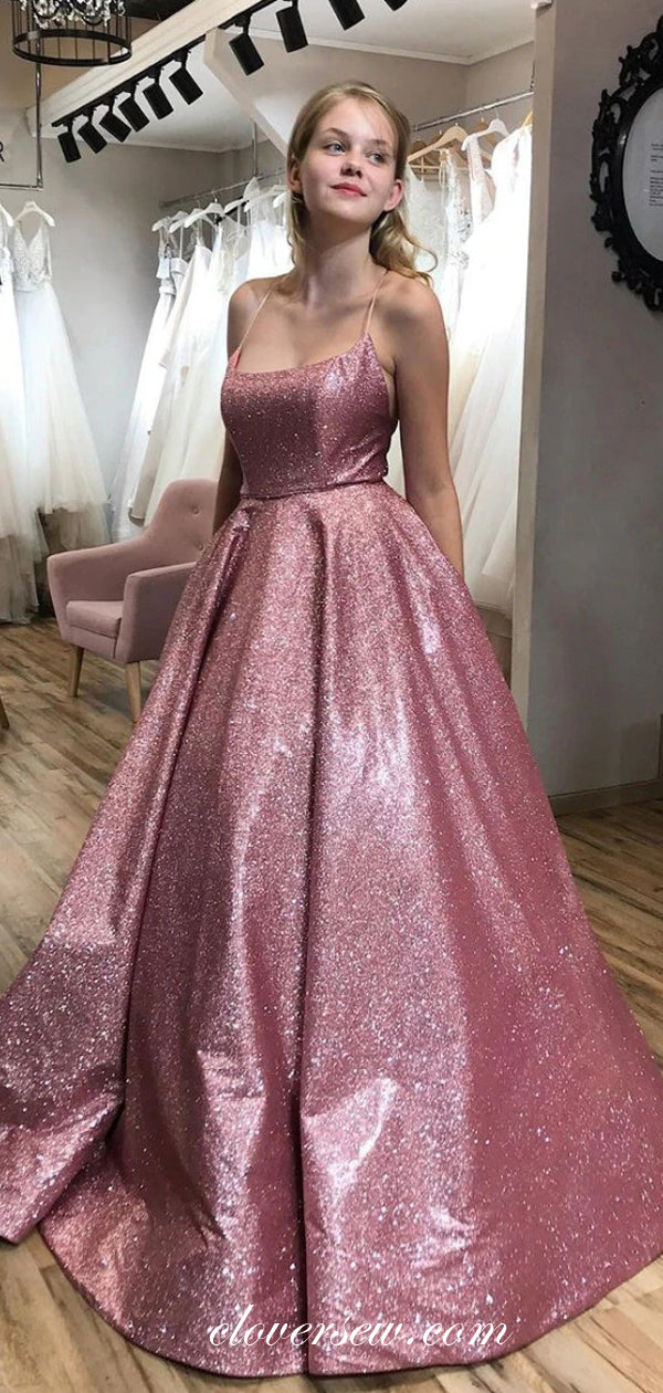 Rose Shiny Satin Spaghetti Strap Lace Up Back A-line Prom Dresses,CP0267