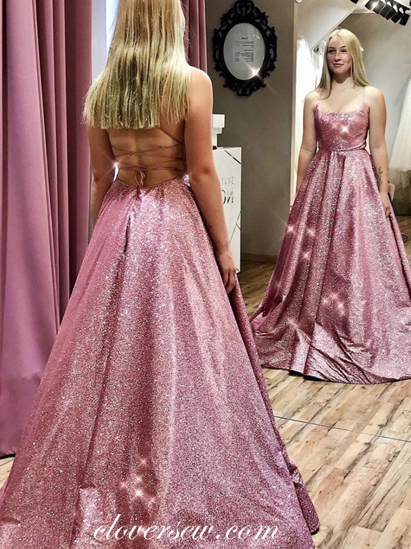 Rose Shiny Satin Spaghetti Strap Lace Up Back A-line Prom Dresses,CP0267