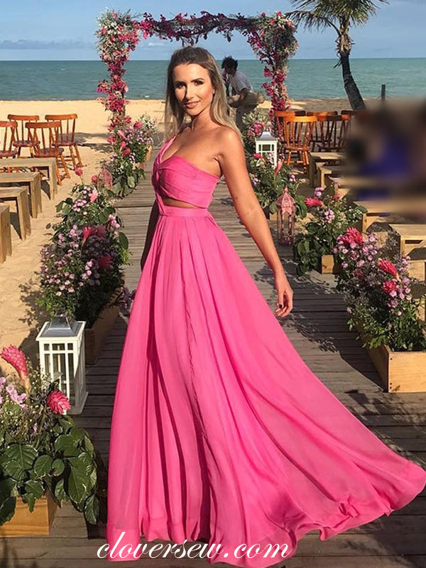 Rosy Chiffon One Shoulder A-line Beach Dresses, CP0628