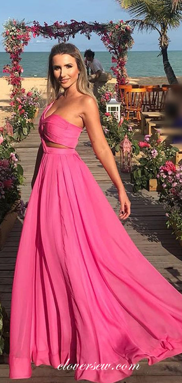Rosy Chiffon One Shoulder A-line Beach Dresses, CP0628