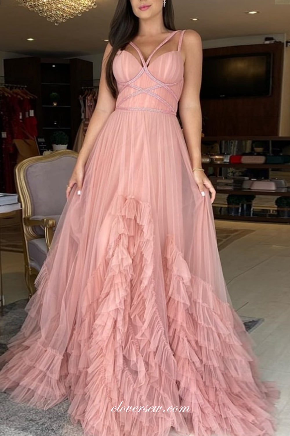 Rosy Pink Ruffles Tulle Fashion A-line Prom Dresses ,CP0699