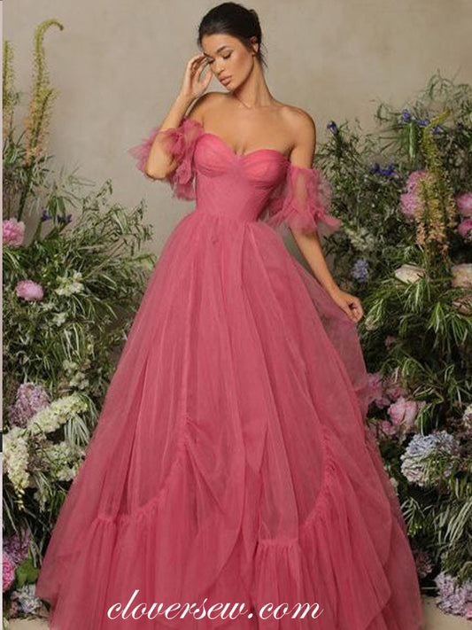 Rosy Pink Tulle Ruffles Off The Shoulder Princess Prom Dresses,CP0971