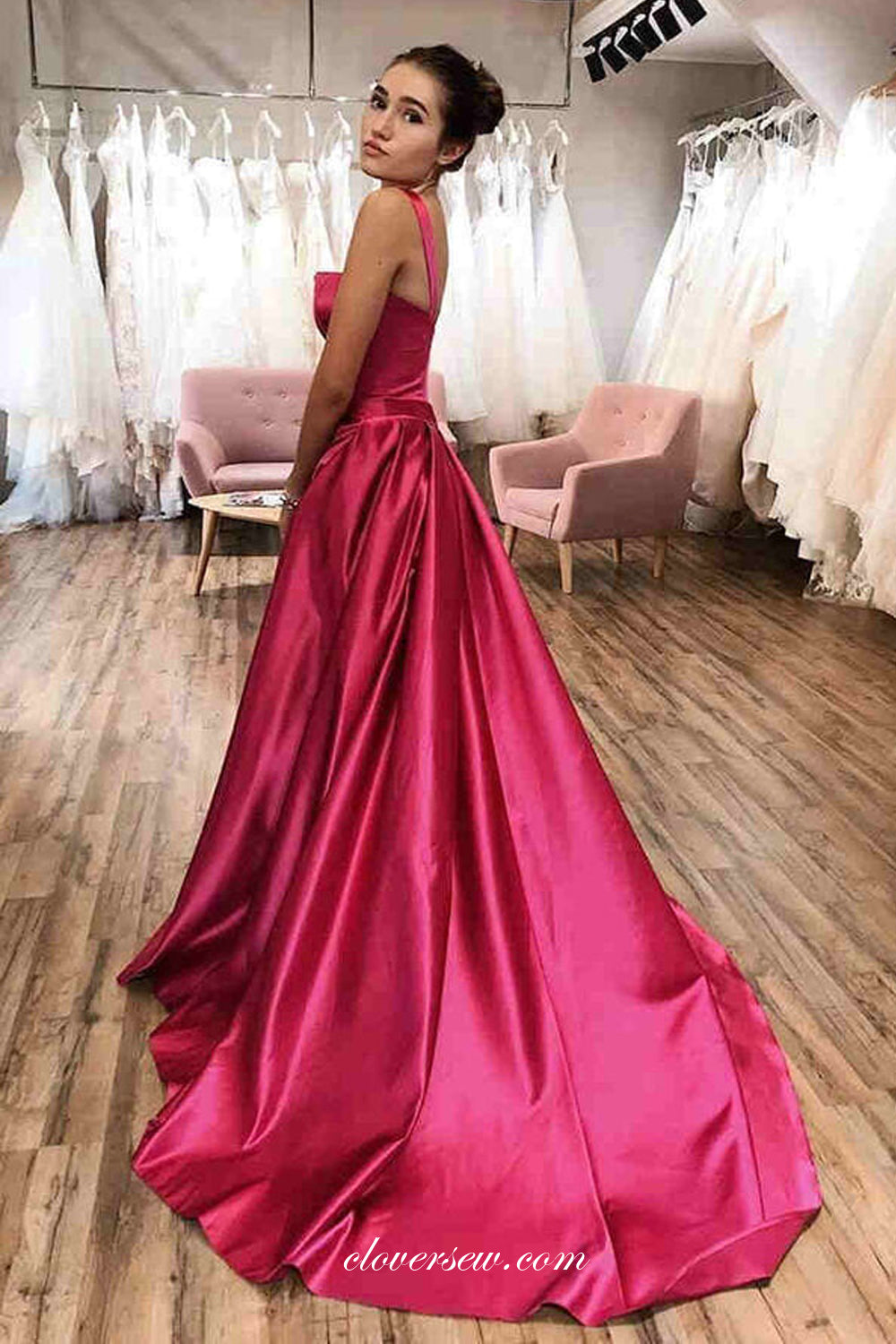 Rosy Satin Square Neck A-line Elegant Formal Dresses, CP0818