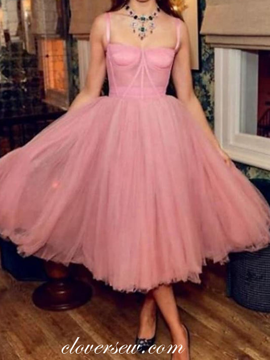 Rosy Tulle Sleeveless Sweet Tea Length Homecoming Dresses,CH0034