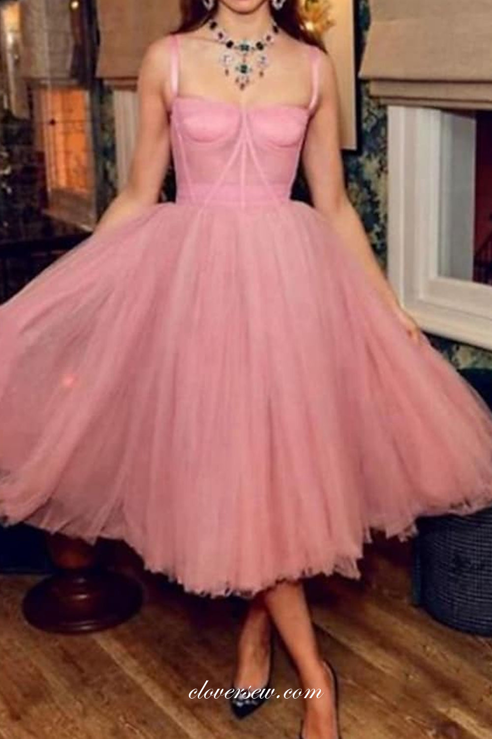 Rosy Tulle Sleeveless Sweet Tea Length Homecoming Dresses,CH0034