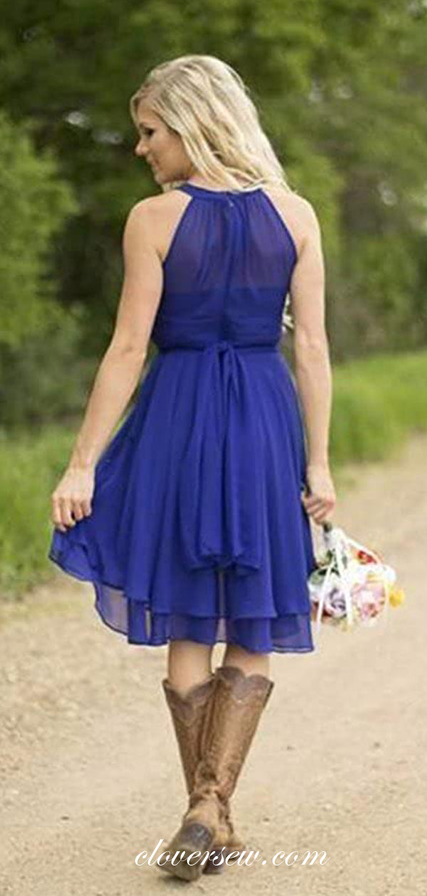 Royal Blue Chiffon Halter High Low Beach Short Bridesmaid Dresses,CB0161