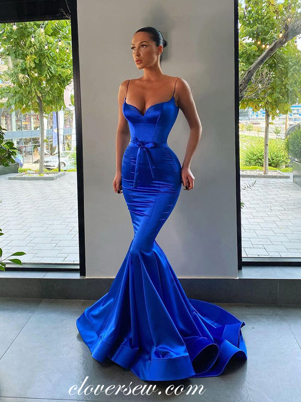 Royal Blue Elastic Satin Spaghetti Strap Mermaid Fashion Prom Dresses, CP0951