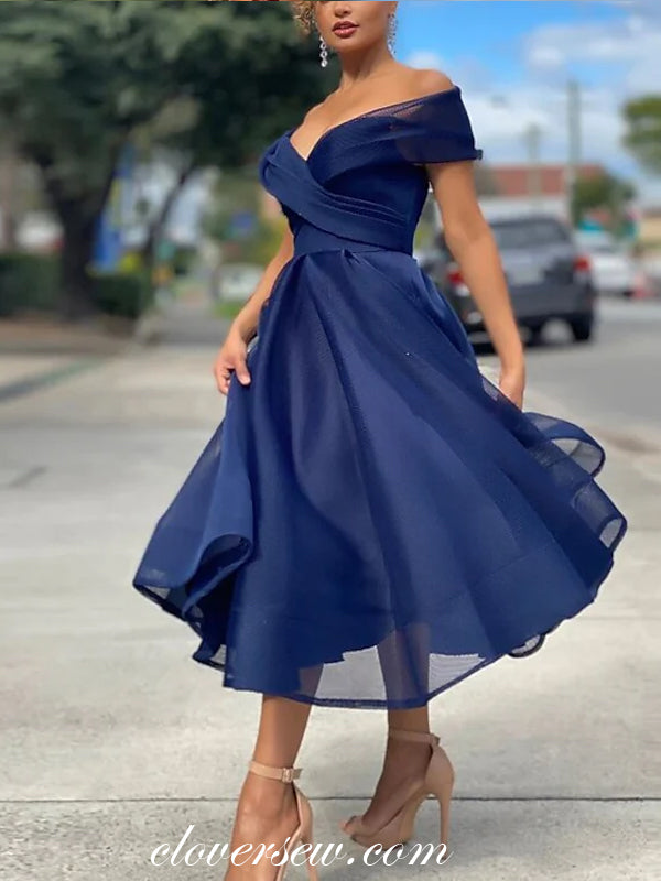 Royal Blue Organza Off The Shoulder Elegant Tea Length Prom Dresses, CP0722