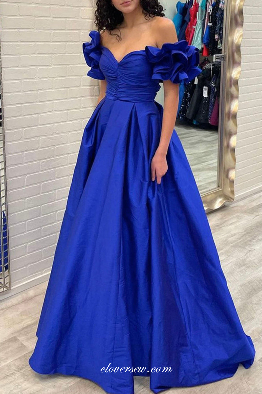 Royal Blue Satin Off The Shoulder A-line Simple Prom Dresses, CP0892