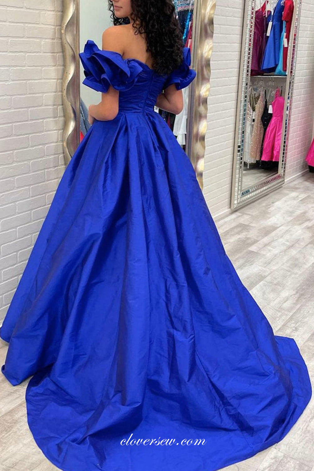 Royal Blue Satin Off The Shoulder A-line Simple Prom Dresses, CP0892