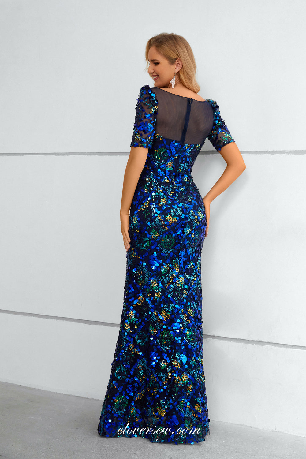 Royal Blue Sequined Lace Half Sleeves Mermaid Formal Dresses, CP0919